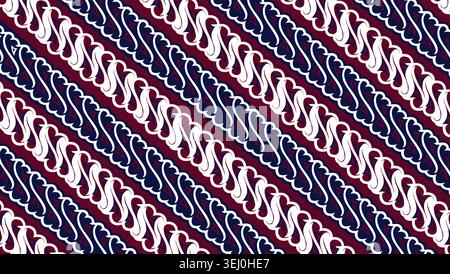 Un classico motivo batik indonesiano senza cuciture Parang caratterizzato da onde diagonali di rosso intenso, blu navy e bianco Illustrazione Vettoriale