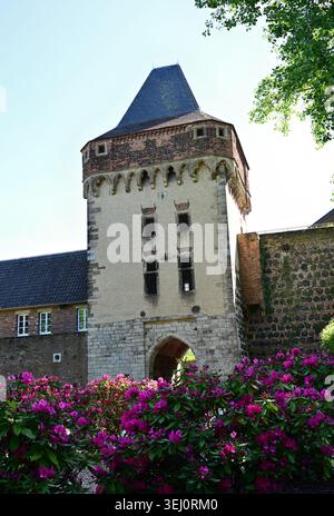 Torre e arcata d'ingresso sulle mura della città a Zons, vicino Neuss, Germania. Foto Stock