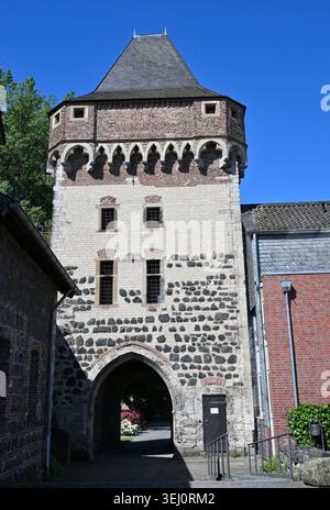 Torre e arcata d'ingresso sulle mura della città a Zons, vicino Neuss, Germania. Foto Stock