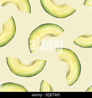 Spicchi di frutta tagliati in acquerello Avocado, fette a mezzaluna motivo senza cuciture. Tessuto di polpa superfood isolato su sfondo giallo beige. Tritato Foto Stock