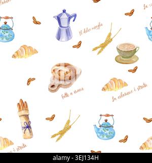 Motivo ad acquerello senza cuciture con elementi da forno italiani. Caffè e pasticceria disegnati a mano su sfondo bianco. Colazione artistica senza soluzione di continuità Foto Stock