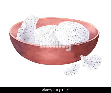 Ciotola di argilla con polpa di pitahaya. Illustrazione acquerello. Opere d'arte fatte a mano. Per il design dell'imballaggio, le schede, la copertina, le stampe, le etichette dei prodotti e il tessuto. Foto Stock