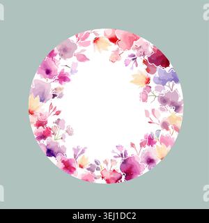 Verde e fiori rossi, striscione rotondo, minuscoli elementi floreali ad acquerello . Disegnato a mano. Non ai, illustrazione vettoriale. Illustrazione Vettoriale