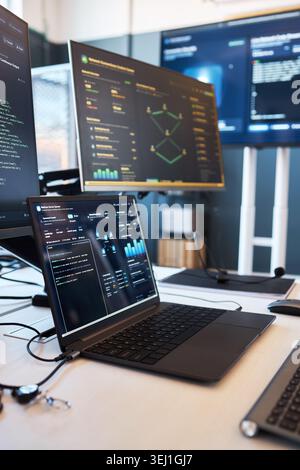 Immagine verticale di una workstation di sicurezza informatica che visualizza codice, dashboard di analisi, schermate di monitoraggio della rete in ufficio. Supporto della sicurezza IT, della protezione dei dati e del marketing per il rilevamento delle minacce Foto Stock