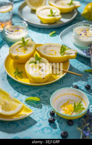 Delizioso dessert al limone servito in peel boat con menta e scorza Foto Stock