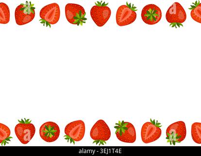 Cornice orizzontale senza cuciture con bordi a fragola con decorazioni superiori e inferiori a bacca rossa. Modello di telaio vettoriale piatto per confezionamento estivo di alimenti, saluto Illustrazione Vettoriale