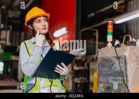 Ingegnere professionale supervisore lavoratore donna che pensa nella fabbrica di metalli dell'industria pesante con maniglia di sicurezza piegatrice per documenti Foto Stock