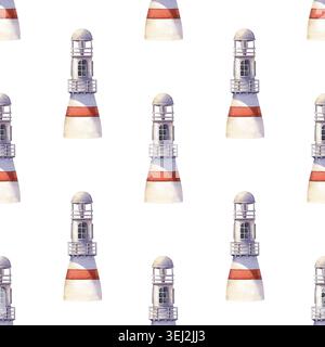 Un motivo ad acquerello senza cuciture disegnato a mano con graziosi fari nautici ripetuti con strisce rosse. Splendido design marino isolato su un bianco Foto Stock