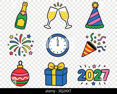 Felice anno nuovo 2027 brindisi e fuochi d'artificio icone colorate con bicchieri da spumante, conto alla rovescia del calendario, scatole regalo e decorazioni per feste invernali Illustrazione Vettoriale
