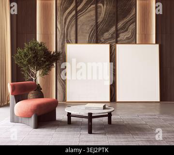 Due mockup con cornice per immagini e modello in un interno scandinavo con una sedia rossa Foto Stock