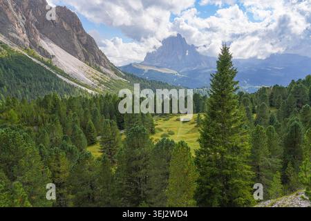 Il massiccio di Langkofel sorge sopra le foreste, vista dal Parco naturale Puez-Geisler, Dolomiti, Italia Foto Stock