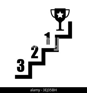La scala numerata conduce verso l'alto verso la coppa del trofeo della vittoria. Le fasi di raggiungimento funzionano come infografiche di posizionamento sulla concorrenza. EPS vettoriale 10. Illustrazione Vettoriale