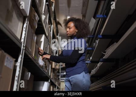 Una donna afroamericana lavora in un magazzino. Controlla l'inventario e organizza i pacchi sugli scaffali dell'area di stoccaggio. Foto Stock