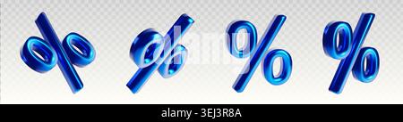 Segni percentuali olografici 3D cromati blu, buoni sconto elementi mobili, set vettoriale isolato su sfondo trasparente. Icone percentuali neon per voucher promozionali, regalo, vendita e offerta speciale Illustrazione Vettoriale