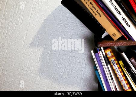 L'ombra del volto di una persona in perfil su un muro testurizzato formato da una libreria con libri diversi in più lingue. Concetto: Metafora, apprendimento Foto Stock