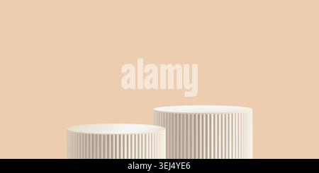 Podio in marmo su sfondo beige, rendering in 3d di due piattaforme bianche a pilastri scanalati in un elegante studio premium. Sovrapposizione ombreggiatura realistica, luminosa Illustrazione Vettoriale