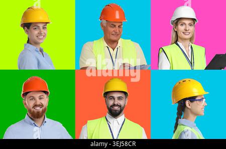 Ingegneri con elmetti. Raccolta di ritratti su sfondi a colori Foto Stock