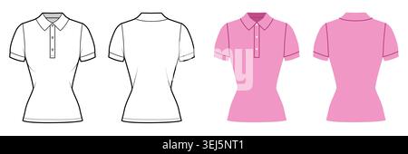 Polo aderente con colletto strutturato, abbottonatura a maniche corte silhouette liscia e struttura raffinata. Illustrazione tecnica di moda in bianco e nero, vista anteriore e posteriore. Vettore Illustrazione Vettoriale