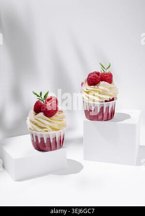 Cibo, due cupcake di lamponi splendidamente decorati si trovano su piedistalli bianchi, con vortici di cremosa glassa condita con frutti di bosco freschi e menta leav Foto Stock