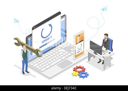 Illustrazione concettuale piatta isometrica 3D di aggiornamento del sistema, impostazione del computer Foto Stock