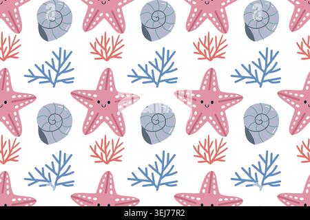 Simpatico illustrazione Starfish e Seashell Seashell Seashell Seamless Pattern Vector Illustrazione Vettoriale