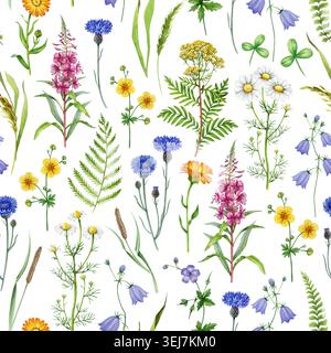 Illustrazione in acquerello con motivo floreale senza cuciture in stile vintage con fiori selvatici di prato. Clipart botanico dipinto a mano per tessuto, carta da parati, cancelleria. Foto Stock