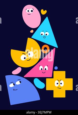 Poster con elementi geometrici. Colorare i volti con emozioni diverse su sfondo blu. Illustrazione Vettoriale