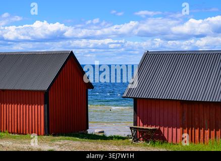 17 maggio 2026, Svezia, Byxelkrok: Il paesaggio sul lato occidentale dell'isola svedese di Öland nel Mar Baltico. Con le sue ampie pianure costiere e le impressionanti lastre calcaree, Öland è una delle isole più scenicamente diversificate della Svezia. Villaggi con case in legno rosso, mulini a vento e prati aperti sono punteggiati lungo la stretta isola, conferendole il suo tipico carattere scandinavo. Öland è particolarmente nota per la sua miscela di natura, geologia e paesaggio culturale tradizionale, che attrae numerosi visitatori ogni anno. Foto: Patrick Pleul/dpa Foto Stock