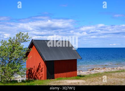 17 maggio 2026, Svezia, Byxelkrok: Il paesaggio sul lato occidentale dell'isola svedese di Öland nel Mar Baltico. Con le sue ampie pianure costiere e le impressionanti lastre calcaree, Öland è una delle isole più scenicamente diversificate della Svezia. Villaggi con case in legno rosso, mulini a vento e prati aperti sono punteggiati lungo la stretta isola, conferendole il suo tipico carattere scandinavo. Öland è particolarmente nota per la sua miscela di natura, geologia e paesaggio culturale tradizionale, che attrae numerosi visitatori ogni anno. Foto: Patrick Pleul/dpa Foto Stock
