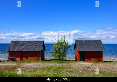 17 maggio 2026, Svezia, Byxelkrok: Il paesaggio sul lato occidentale dell'isola svedese di Öland nel Mar Baltico. Con le sue ampie pianure costiere e le impressionanti lastre calcaree, Öland è una delle isole più scenicamente diversificate della Svezia. Villaggi con case in legno rosso, mulini a vento e prati aperti sono punteggiati lungo la stretta isola, conferendole il suo tipico carattere scandinavo. Öland è particolarmente nota per la sua miscela di natura, geologia e paesaggio culturale tradizionale, che attrae numerosi visitatori ogni anno. Foto: Patrick Pleul/dpa Foto Stock