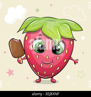 Adorabile simpatica fragola rossa con gelateria. Illustrazione vettoriale estiva con bacca dolce. Illustrazione Vettoriale