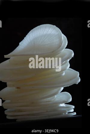 Immagine macro di primo piano di un ravanello daikon affettato delicatamente impilato in un'elegante disposizione verticale su uno sfondo nero profondo. Il wh traslucido Foto Stock