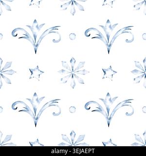 Un motivo senza cuciture ad acquerello disegnato a mano che presenta ornamenti di gelata ripetuti, ricci damascati vintage, stelle del ghiaccio e fiocchi di neve geometrici monocromatici Foto Stock