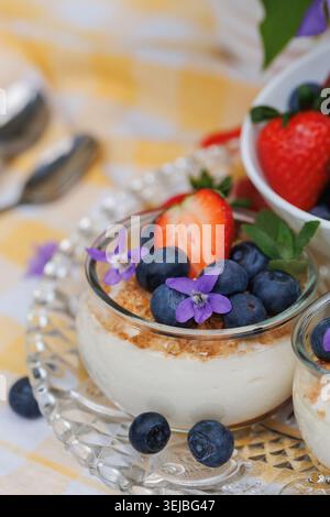 Dessert di cheesecake da primo piano con frutti di bosco freschi e fiori commestibili Foto Stock