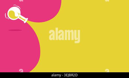 Illustrazione di sfondo minimalista con una fiasca da laboratorio che versa liquido giallo su uno sfondo orizzontale rosa brillante con spazio di copia. Illustrazione Vettoriale