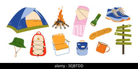 Set di illustrazioni vettoriali piatte per attrezzature da campeggio ed escursionismo isolato su sfondo bianco Illustrazione Vettoriale