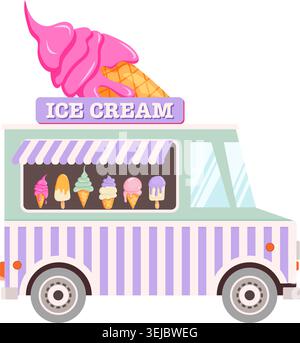 Colorato camion del gelato con design a righe viola e bianco. L'ampio cono rosa di turbolenza si trova in cima al veicolo. La finestra mostra vari coni di gelato. C Illustrazione Vettoriale