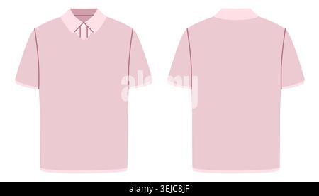 Polo minimal rosa con colletto pulito, maniche corte e silhouette liscia con un semplice dettaglio di placket e una struttura raffinata. Illustrazione tecnica di moda in tinta piatta, viste frontali posteriori. Vettore Illustrazione Vettoriale