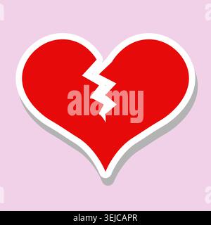 Adesivo rosso a cuore spezzato con contorno bianco su sfondo rosa, icona di rottura del cuore vettoriale piatta Illustrazione Vettoriale