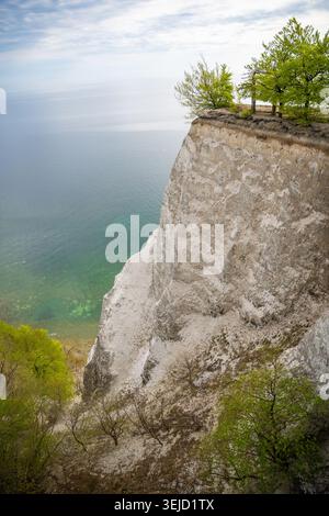 Vista delle famose scogliere di gesso bianco e del Mar Baltico dal ponte sospeso nel Parco Nazionale di Jasmund sull'isola di Ruegen, Germania Foto Stock