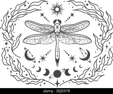 Illustrazione celeste di dragonfly con lune a mezzaluna, sole e stelle in stile vettoriale bohémien. Magica line art per tatuaggi mistici e stregoneria Illustrazione Vettoriale