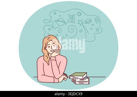 Donna seduta al tavolo con libri che riposano mento a mano procrastinati e sogni. Immagine vettoriale Foto Stock