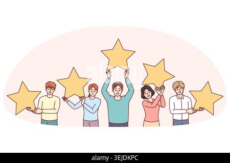 Persone che detengono stelle che danno feedback al cliente Foto Stock