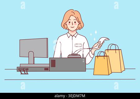 Donna sorridente cassiere al registro Foto Stock