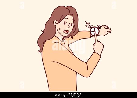 Donna stressata punto a orologio frustrato da scadenza Foto Stock