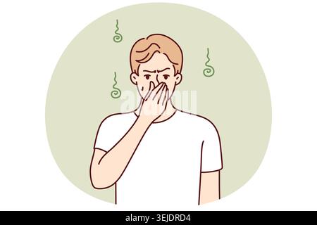 L'uomo insoddisfatto stringe il naso con la mano che soffre di odore sgradevole di sudore. Immagine vettoriale Foto Stock