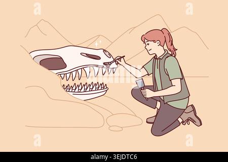 Donna archeologo vicino al cranio dinosauro gigante pulisce la testa animale antico con pennello. Ragazza explorer inginocchiarsi partecipa allo scavo, con attenzione Foto Stock