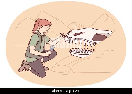 Donna archeologo vicino al cranio dinosauro gigante pulisce la testa animale antico con pennello. Ragazza explorer inginocchiarsi partecipa allo scavo, con attenzione Foto Stock