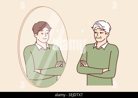 L'uomo anziano si trova di fronte allo specchio e si vede come un giovane che sente un'ondata di energia Foto Stock
