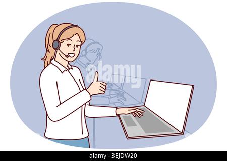 Donna in cuffie per call center si trova vicino a un computer portatile e mostra i pollici verso l'alto Foto Stock